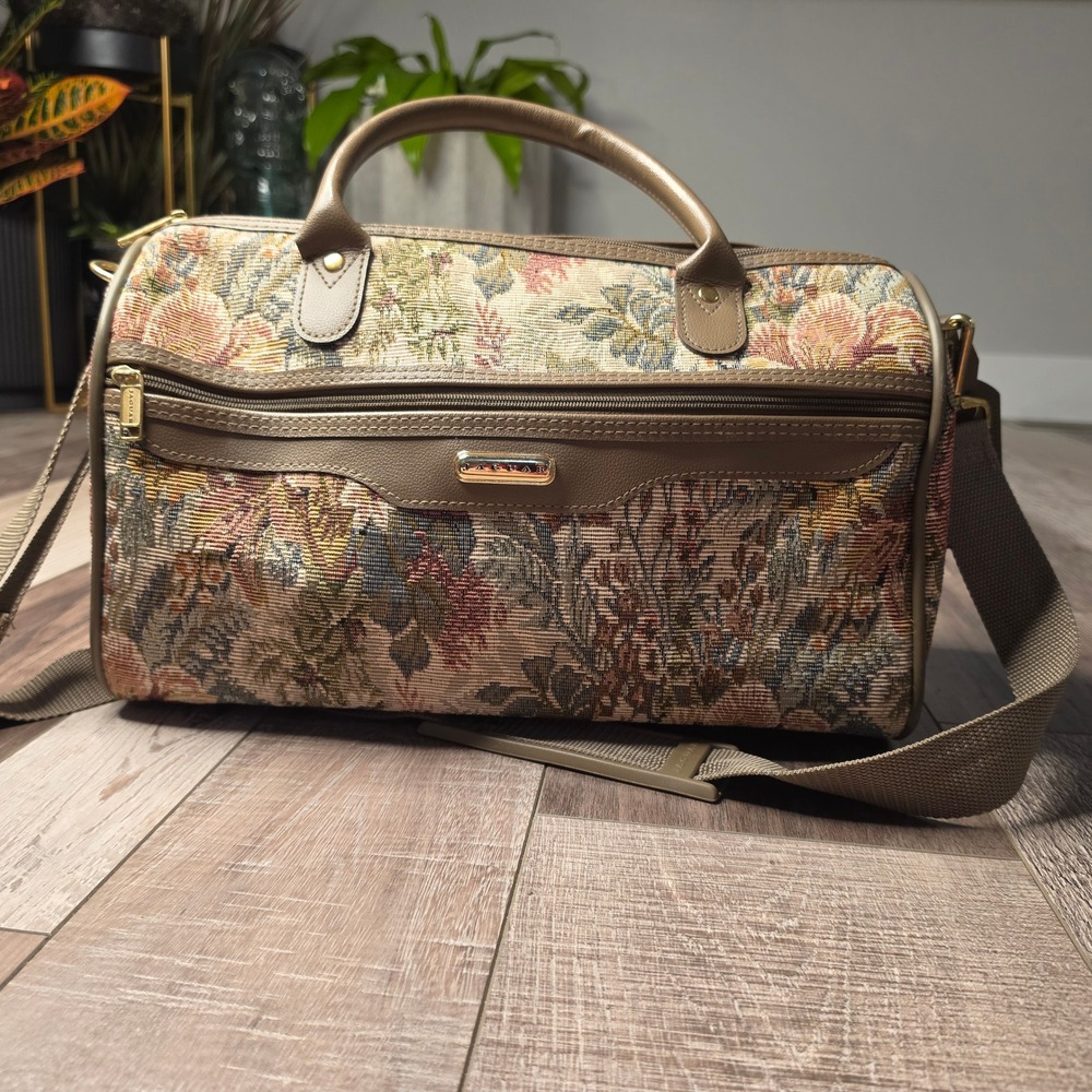 Jaguar Duffle Bag Womens Large Brown Floral Tapestry Vintage Travel Weekender